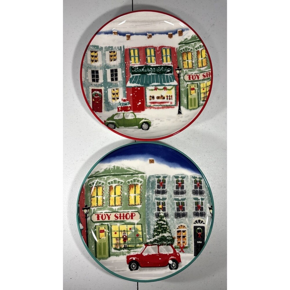 Two Potter's Studio Christmas Shopping Salad Plates 8.5", Toy Shop & Bakery EUC